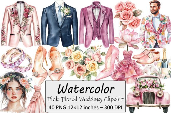 Pink Floral Wedding Clipart: 40 Elegant PNGs for Your Designs