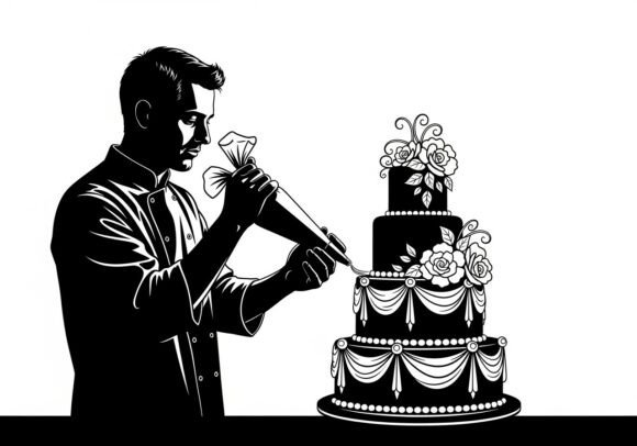 Silhouette Man Decorating Wedding Cake: Crafting Elegant Event Graphics