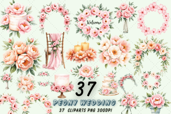 Timeless Floral Art: The Romantic Peony Wedding Clipart Bundle